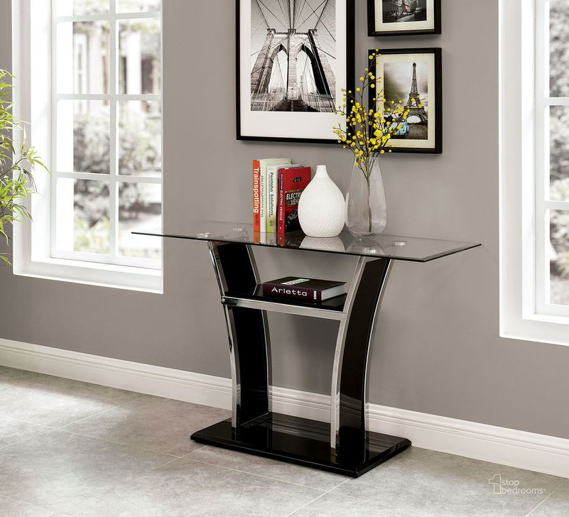 The appearance of Staten Sofa Table In Glossy Black and Chrome designed by Furniture of America in the modern / contemporary interior design. This white and chrome piece of furniture  was selected by 1StopBedrooms from Staten Collection to add a touch of cosiness and style into your home. Sku: CM4372BK-S-1;CM4372BK-S-2. Product Type: Sofa Table. Material: Acrylic. Image1