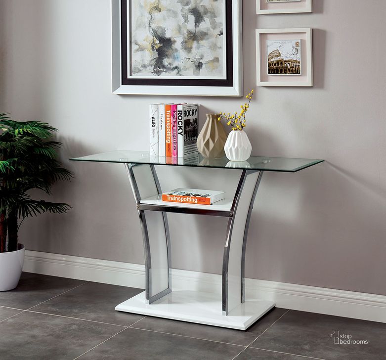 The appearance of Staten Sofa Table In Glossy White and Chrome designed by Furniture of America in the modern / contemporary interior design. This white and chrome piece of furniture  was selected by 1StopBedrooms from Staten Collection to add a touch of cosiness and style into your home. Sku: CM4372WH-S-1;CM4372WH-S-2. Material: Metal. Product Type: Sofa Table. Image1
