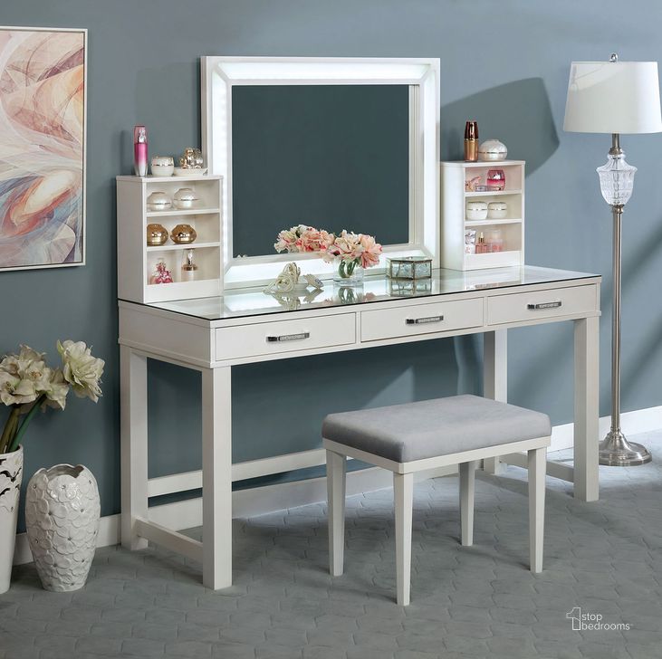 The appearance of Stephanie Vanity Set In White designed by Furniture of America in the glam interior design. This white piece of furniture  was selected by 1StopBedrooms from Stephanie Collection to add a touch of cosiness and style into your home. Sku: FOA-DK5685WH-1;FOA-DK5685WH-2. Material: Wood. Product Type: Vanity Set. Image1
