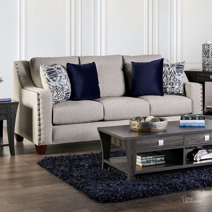 The appearance of Stickney Sofa In Light Gray and Navy designed by Furniture of America in the transitional interior design. This light gray and navy piece of furniture  was selected by 1StopBedrooms from Stickney Collection to add a touch of cosiness and style into your home. Sku: SM6441-SF. Material: Wood. Product Type: Sofa. Image1