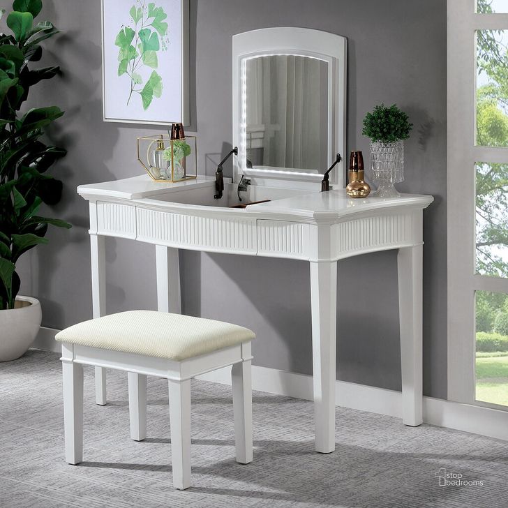 The appearance of Stina Vanity With Stool In Ivory and White designed by Furniture of America in the transitional interior design. This ivory and white piece of furniture  was selected by 1StopBedrooms from Stina Collection to add a touch of cosiness and style into your home. Sku: CM-DK5239. Material: Wood. Product Type: Vanity Set. Image1