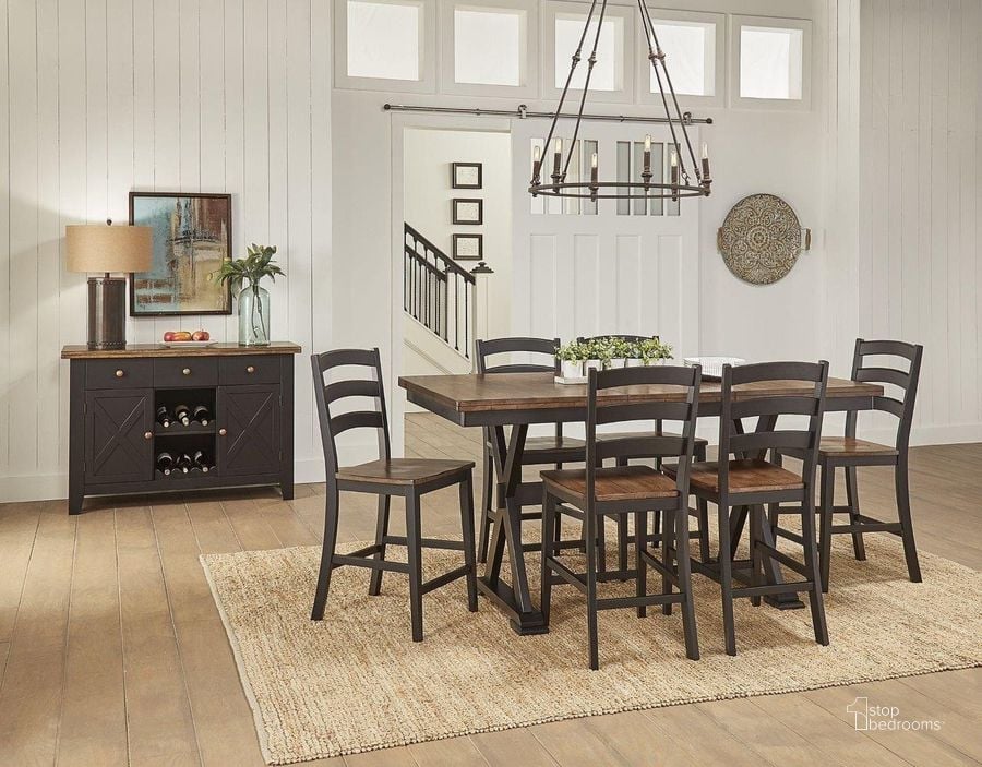 The appearance of Stormy Ridge Chickory and Black Butterfly Leaf Counter Height Dining Room Set designed by A-America in the transitional interior design. This black and brown piece of furniture  was selected by 1StopBedrooms from Stone Creek Collection to add a touch of cosiness and style into your home. Sku: STOBL670B;STOBL630T;STOBL3552. Table Base Style: Trestle. Product Type: Dining Room Set. Table Top Shape: Rectangular. Material: Rubberwood. Image1