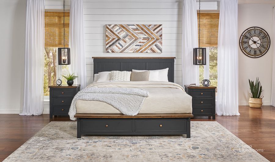 The appearance of Stormy Ridge Chickory And Black Platform Storage Bedroom Set designed by A-America in the transitional interior design. This black and brown piece of furniture  was selected by 1StopBedrooms from Stormy Collection to add a touch of cosiness and style into your home. Sku: STOBL503G;STOBL503H;STOBL503P;STOBL503R;STOBL5750. Bed Type: Storage Bed. Product Type: Storage Bed. Bed Size: Queen. Material: Rubberwood. Image1