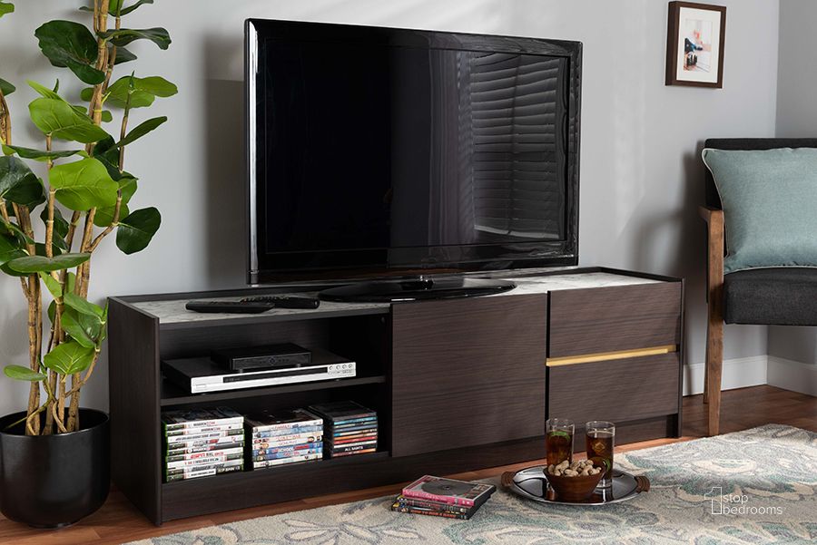The appearance of Strathclair Dark Brown TV Stand and TV Console designed by Boho House in the modern / contemporary interior design. This dark brown piece of furniture  was selected by 1StopBedrooms from Strathclair Collection to add a touch of cosiness and style into your home. Sku: LV25TV2512-Modi Wenge/Marble-TV. Product Type: TV Stand. Material: MDF. Image1