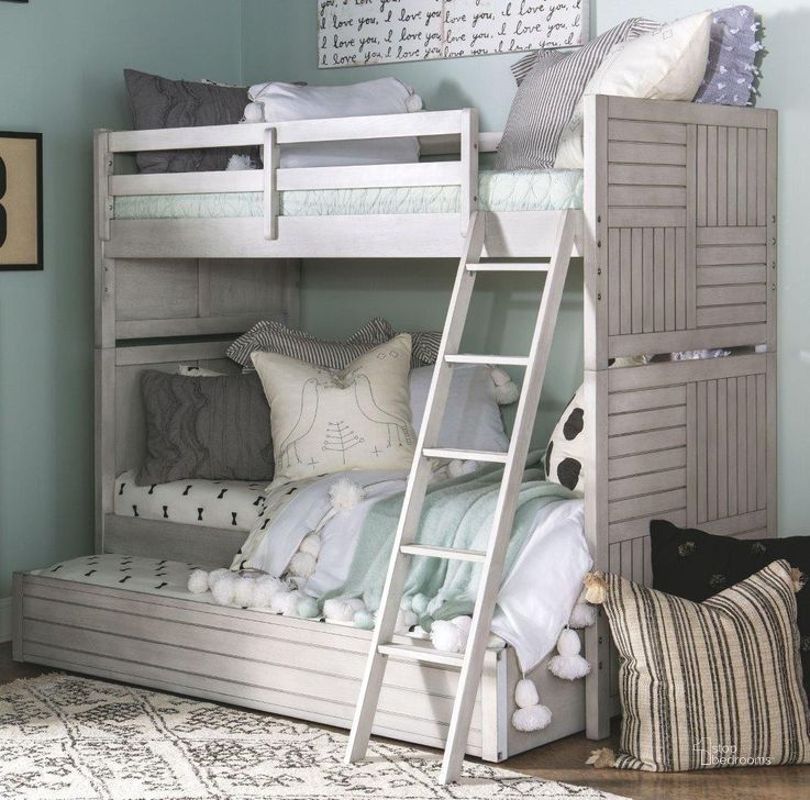 The appearance of Summer Camp Stone Path White Twin over Twin Bunk Bed with Trundle designed by Legacy Classic in the rustic / southwestern interior design. This white piece of furniture  was selected by 1StopBedrooms from Summer Camp Collection to add a touch of cosiness and style into your home. Sku: 0833-8110;0833-8120;0833-8130;0833-9500. Bed Type: Bunk Bed. Product Type: Bunk Bed. Bed Size: Twin Over Full. Image1