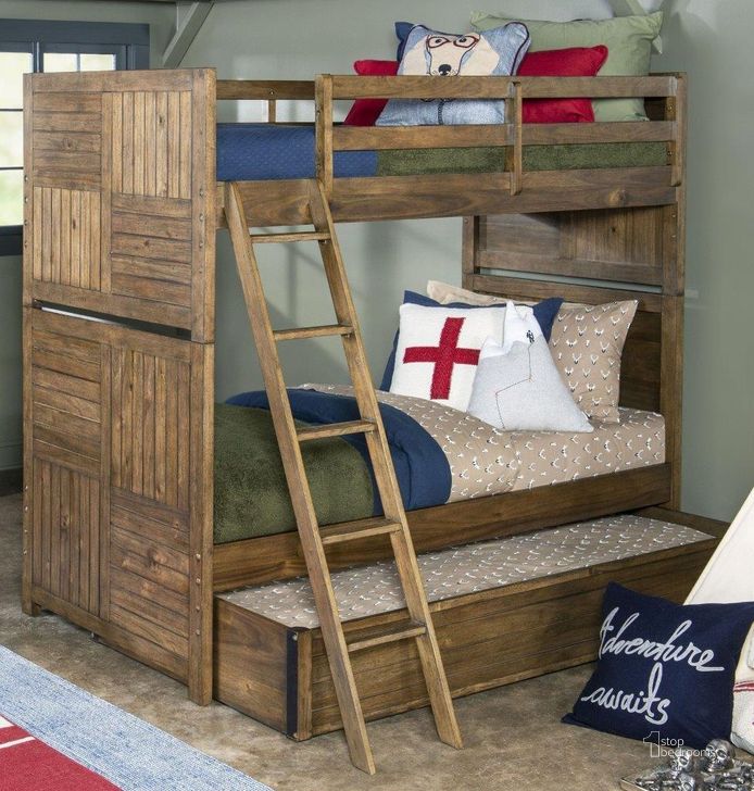The appearance of Summer Camp Tree House Brown Twin over Twin Bunk Bed with Trundle designed by Legacy Classic in the rustic / southwestern interior design. This brown piece of furniture  was selected by 1StopBedrooms from Summer Camp Collection to add a touch of cosiness and style into your home. Sku: 0832-8110;0832-8120;0832-8130;0832-9500. Bed Type: Bunk Bed. Product Type: Bunk Bed. Bed Size: Twin Over Full. Image1
