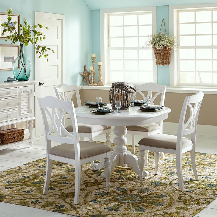 The appearance of Summer House Oyster White Antique Round Pedestal Dining Room Set designed by Liberty in the country / farmhouse interior design. This white piece of furniture  was selected by 1StopBedrooms from Summer House Collection to add a touch of cosiness and style into your home. Sku: 607-T4254;607-P4254;607-C9001S. Table Top Shape: Round. Material: Wood. Product Type: Dining Room Set. Image1