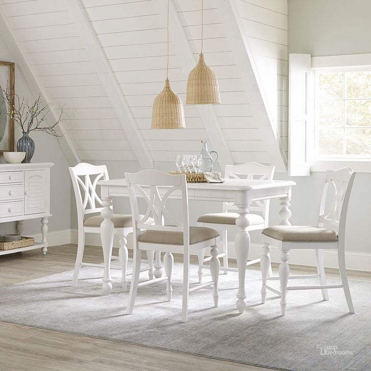 The appearance of Summer House Oyster White Extendable Gathering Counter Height Dining Room Set designed by Liberty in the transitional interior design. This white piece of furniture  was selected by 1StopBedrooms from Summer House Collection to add a touch of cosiness and style into your home. Sku: 607-GT3654;607-B900124. Table Base Style: Legs. Material: Wood. Product Type: Dining Room Set. Table Top Shape: Rectangular. Image1