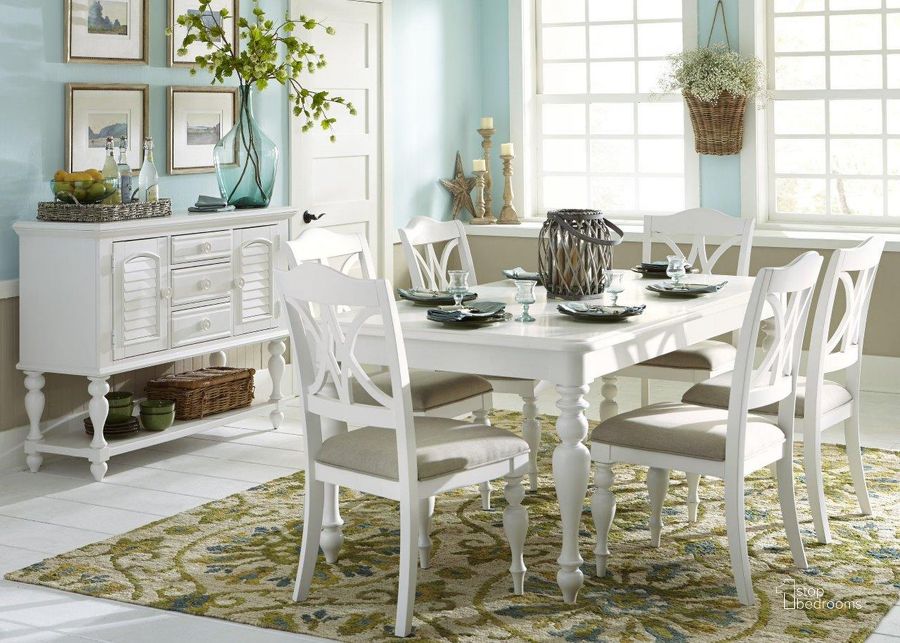 The appearance of Summer House Oyster White Rectangular Leg Dining Room Set designed by Liberty in the country / farmhouse interior design. This white piece of furniture  was selected by 1StopBedrooms from Summer House Collection to add a touch of cosiness and style into your home. Sku: 607-T4078;607-C9001S. Material: Wood. Product Type: Dining Room Set. Table Top Shape: Rectangular. Image1