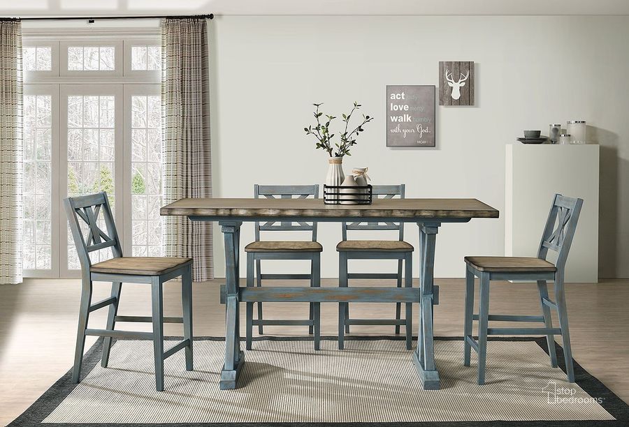 The appearance of Summerville II Counter Height Dining Set designed by Bernards in the transitional interior design. This light blue piece of furniture  was selected by 1StopBedrooms from Summerville II Collection to add a touch of cosiness and style into your home. Sku: 5800-530;5800-540. Product Type: Dining Room Set. Table Top Shape: Rectangular. Size: 30". Image1