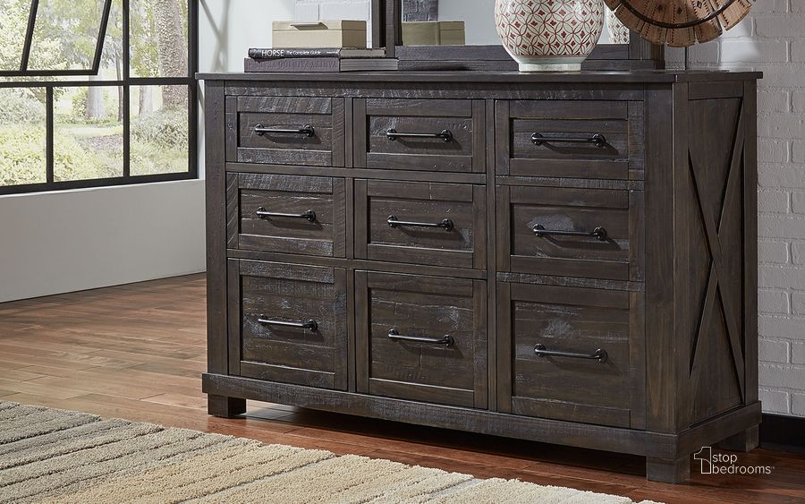 The appearance of Sun Valley Charcoal 9 Drawer Dresser designed by A-America in the rustic / southwestern interior design. This gray piece of furniture  was selected by 1StopBedrooms from Sun Valley Collection to add a touch of cosiness and style into your home. Sku: SUVCL5510. Product Type: Dresser. Material: Pine. Image1