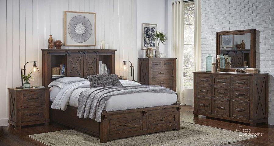 The appearance of Sun Valley Rustic Timber Bookcase Storage Bedroom Set designed by A-America in the rustic / southwestern interior design. This brown piece of furniture  was selected by 1StopBedrooms from Sun Valley Collection to add a touch of cosiness and style into your home. Sku: SUVRT503G;SUVRT503H;SUVRT503P;SUVRT503R;SUVRT5750. Bed Type: Storage Bed. Product Type: Storage Bed. Bed Size: Queen. Material: Pine. Image1