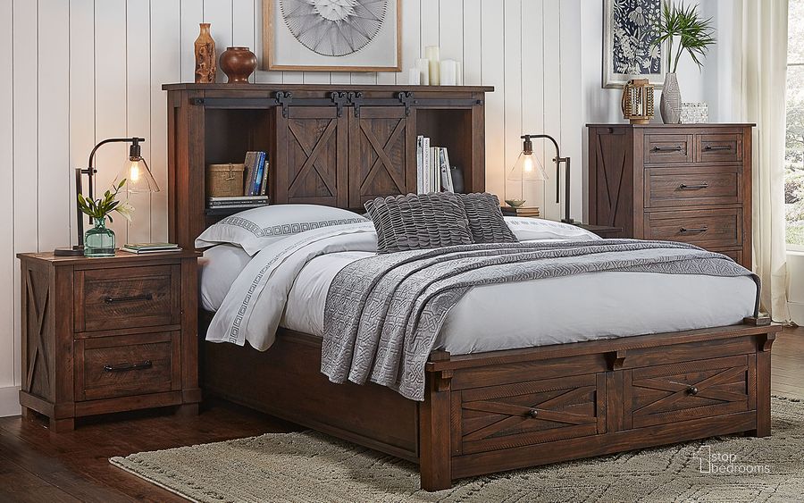 The appearance of Sun Valley Rustic Timber King Bookcase Storage Bed designed by A-America in the rustic / southwestern interior design. This brown piece of furniture  was selected by 1StopBedrooms from Sun Valley Collection to add a touch of cosiness and style into your home. Sku: SUVRT513G;SUVRT513H;SUVRT513P;SUVRT503R. Bed Type: Storage Bed. Product Type: Storage Bed. Bed Size: King. Material: Pine. Image1