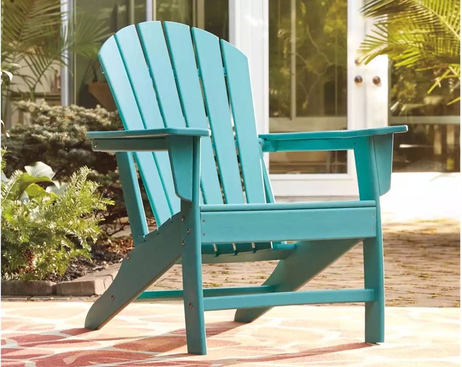 The appearance of Sundown Treasure Turquoise Outdoor Adirondack Chair designed by Signature Design by Ashley in the modern / contemporary interior design. This turquoise piece of furniture  was selected by 1StopBedrooms from Sundown Treasure Collection to add a touch of cosiness and style into your home. Sku: P012-898. Material: Wood. Product Type: Outdoor Chair. Image1