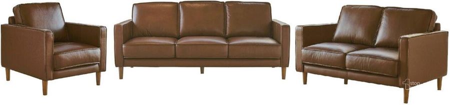 The appearance of Sunset Trading Prelude 3 Piece Top Grain Leather Living Room Set Chestnut Brown Mid Century Modern Sofa Loveseat And Chair designed by Sunset Trading in the modern / contemporary interior design. This chestnut brown piece of furniture  was selected by 1StopBedrooms from Prelude Collection to add a touch of cosiness and style into your home. Sku: SU-PR15070-3786-100E;SU-PR15070-3786-200E;SU-PR15070-3786-300E. Product Type: Living Room Set. Material: Rubberwood. Image1