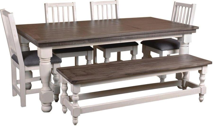 The appearance of Sunset Trading Rustic French 78 Inch Rectangular Dining Table Set With Bench In White and Brown designed by Sunset Trading in the modern / contemporary interior design. This white and brown piece of furniture  was selected by 1StopBedrooms from Rustic French Collection to add a touch of cosiness and style into your home. Sku: HH-8750-078;HH-8750-018-S;HH-8750-018-S;HH-8750-400. Product Type: Dining Room Set. Material: Pine. Image1