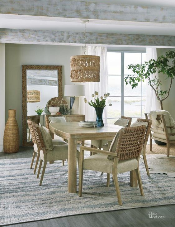 The appearance of Surfrider Light Natural Extendable Rectangle Leg Dining Room Set designed by Hooker in the transitional interior design. This beige piece of furniture  was selected by 1StopBedrooms from Surfrider Collection to add a touch of cosiness and style into your home. Sku: 6015-75207-80;6015-75600-80. Table Base Style: Legs. Material: Wood. Product Type: Dining Room Set. Table Top Shape: Rectangular. Image1
