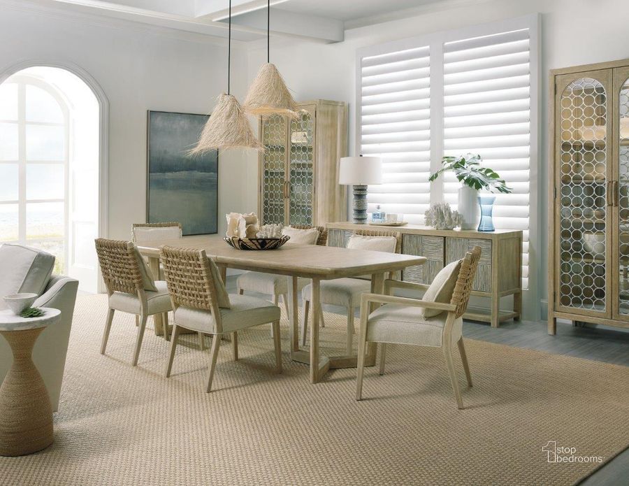 The appearance of Surfrider Light Natural Extendable Rectangle Pedestal Dining Room Set designed by Hooker in the transitional interior design. This beige piece of furniture  was selected by 1StopBedrooms from Surfrider Collection to add a touch of cosiness and style into your home. Sku: 6015-75217-80;6015-75600-80. Table Base Style: Double Pedestal. Material: Wood. Product Type: Dining Room Set. Table Top Shape: Rectangular. Image1