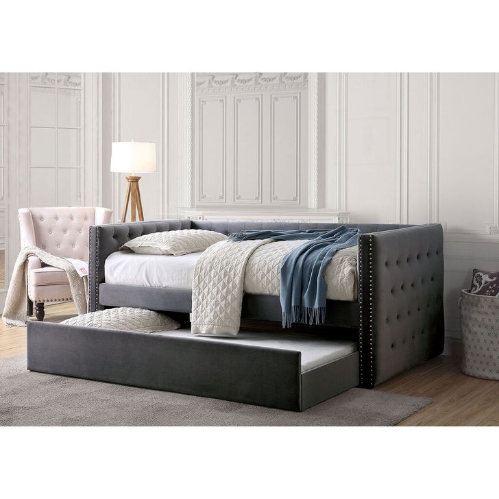 The appearance of Susanna Daybed With Trundle In Gray designed by Furniture of America in the transitional interior design. This gray piece of furniture  was selected by 1StopBedrooms from Susanna Collection to add a touch of cosiness and style into your home. Sku: CM1739GY-1;CM1739GY-2. Bed Type: Daybed. Material: Wood. Product Type: DayBed. Image1