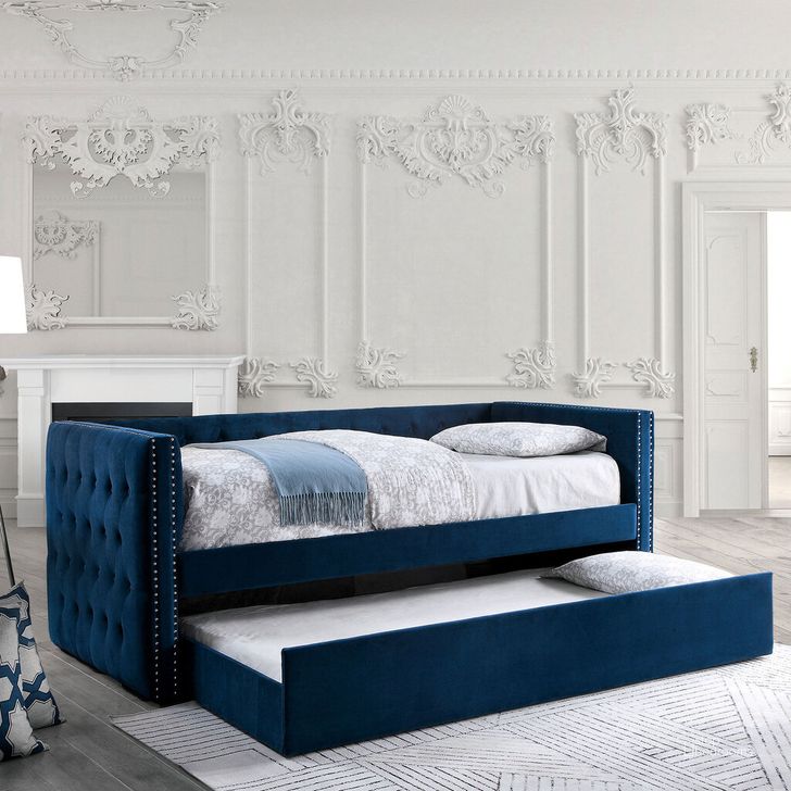 The appearance of Susanna Daybed With Trundle In Navy designed by Furniture of America in the transitional interior design. This navy piece of furniture  was selected by 1StopBedrooms from Susanna Collection to add a touch of cosiness and style into your home. Sku: CM1739NV-1;CM1739NV-2. Bed Type: Daybed. Material: Wood. Product Type: DayBed. Image1