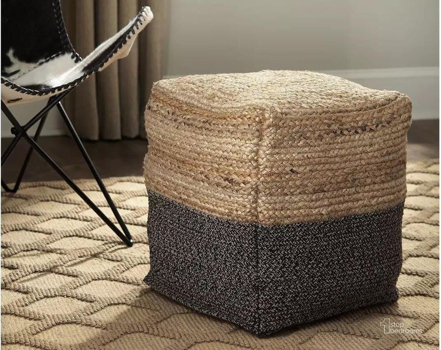 The appearance of Sweed Valley Natural And Black Pouf designed by Signature Design by Ashley in the transitional interior design. This natural/black piece of furniture  was selected by 1StopBedrooms from Sweed Valley Collection to add a touch of cosiness and style into your home. Sku: A1000422. Material: Fabric. Product Type: Ottoman. Image1
