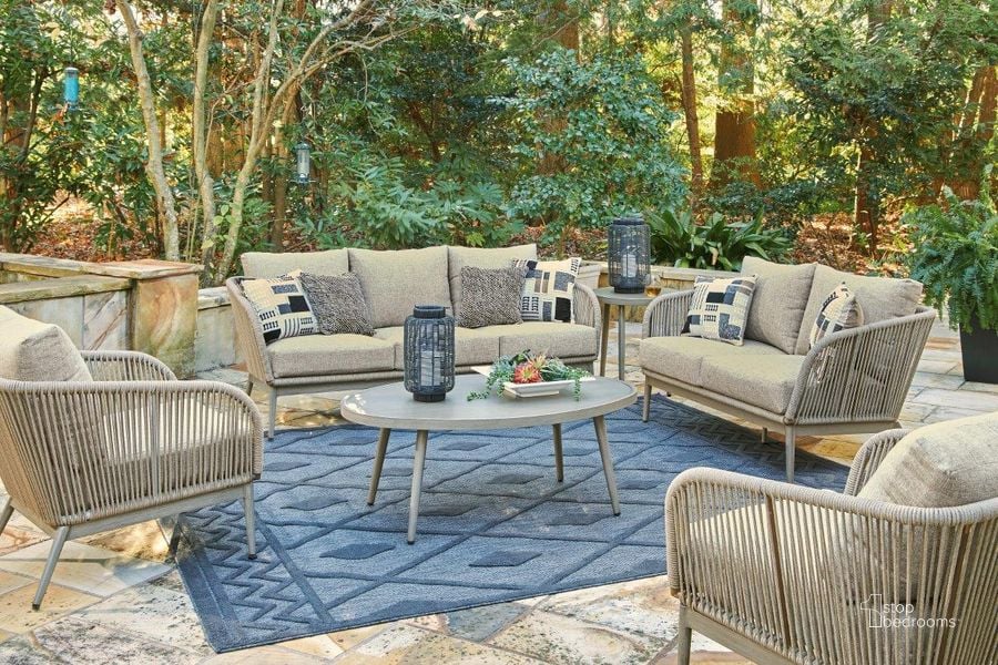The appearance of Swiss Valley Beige And Grey Outdoor Conversation Set designed by Signature Design by Ashley in the transitional interior design. This beige piece of furniture  was selected by 1StopBedrooms from Swiss Valley Collection to add a touch of cosiness and style into your home. Sku: P390-838;P390-835. Material: Fabric. Product Type: Outdoor Conversation Set. Image1