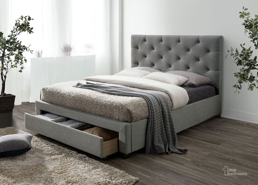 The appearance of Sybella California King Bed In Gray designed by Furniture of America in the transitional interior design. This gray piece of furniture  was selected by 1StopBedrooms from Sybella Collection to add a touch of cosiness and style into your home. Sku: CM7218GY-CK-1;CM7218GY-CK-2;CM7218GY-CK-3;CM7218GY-CK-4. Bed Type: Storage Bed. Product Type: Storage Bed. Bed Size: California King. Material: Linen.