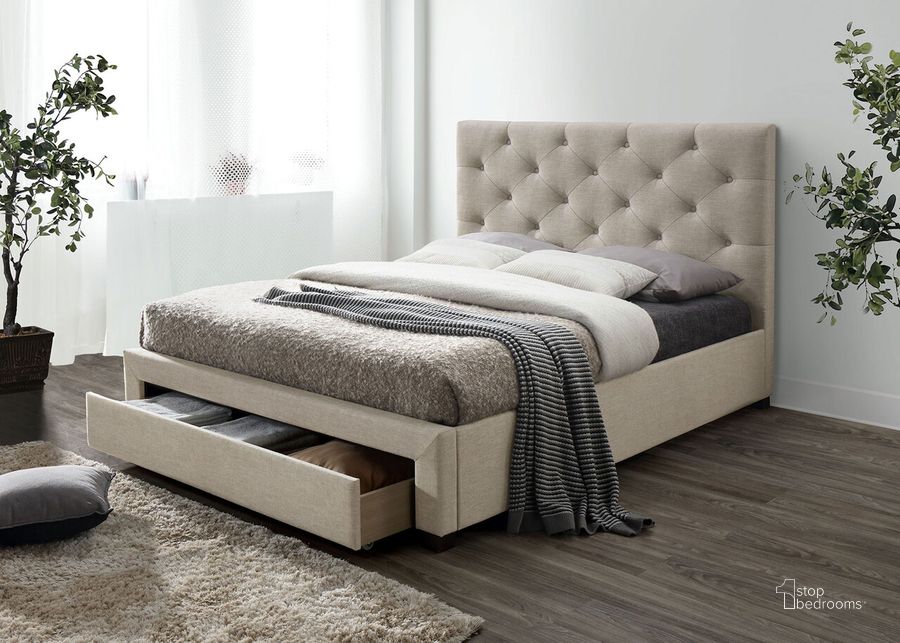 The appearance of Sybella Eastern King Bed In Beige designed by Furniture of America in the transitional interior design. This beige piece of furniture  was selected by 1StopBedrooms from Sybella Collection to add a touch of cosiness and style into your home. Sku: CM7218BG-EK-1;CM7218BG-EK-2;CM7218BG-EK-3;CM7218BG-EK-4. Bed Type: Storage Bed. Product Type: Storage Bed. Bed Size: King. Material: Linen.