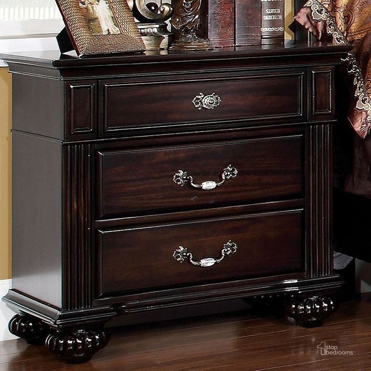 The appearance of Syracuse Dark Walnut Nightstand designed by Furniture of America in the transitional interior design. This brown piece of furniture  was selected by 1StopBedrooms from Syracuse Collection to add a touch of cosiness and style into your home. Sku: CM7129N. Material: Wood. Product Type: Nightstand. Image1