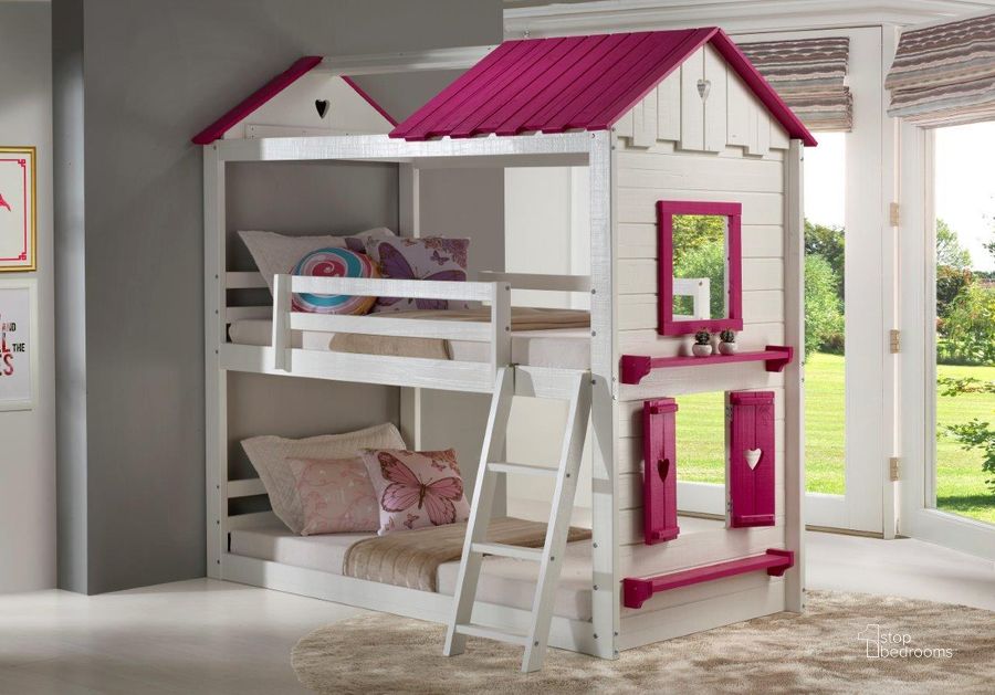 The appearance of T-T Sweetheart Bunk White & Pink designed by DONCO kids in the rustic / southwestern interior design. This pink and white piece of furniture  was selected by 1StopBedrooms from  to add a touch of cosiness and style into your home. Sku: 1570-TTWP. Bed Type: Bunk Bed. Material: Wood. Product Type: Bunk Bed. Bed Size: Twin. Image1