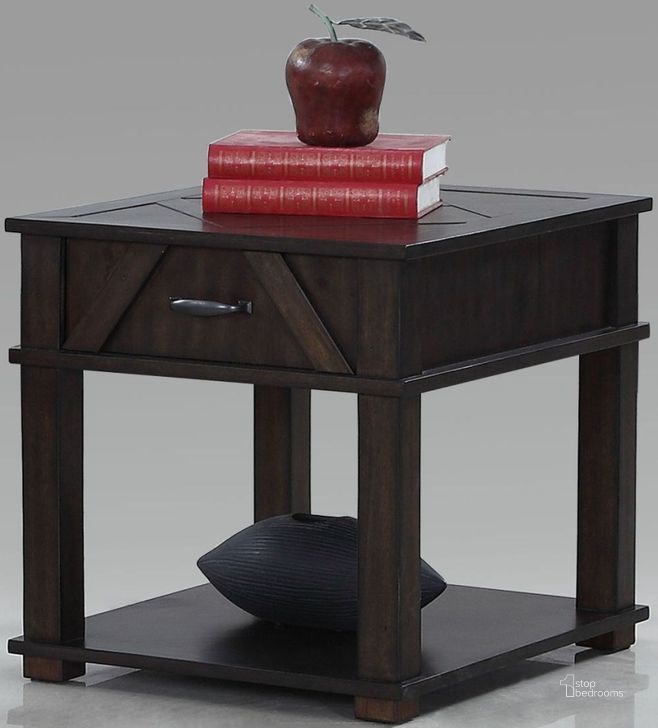 The appearance of Foxcroft Distressed Dark Pine Rectangular End Table designed by Progressive Furniture in the rustic / southwestern interior design. This black piece of furniture  was selected by 1StopBedrooms from Foxcroft Collection to add a touch of cosiness and style into your home. Sku: T437-04. Material: Wood. Product Type: End Table. Table Top Shape: Rectangular. Image1