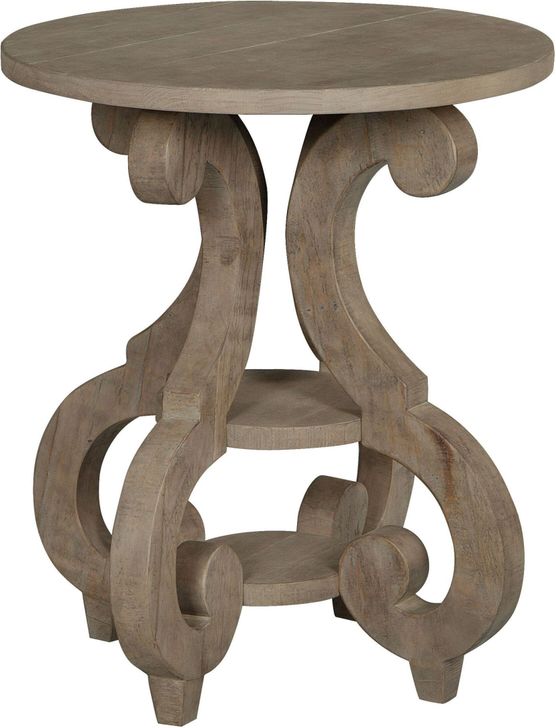 The appearance of Tinley Park Dove Tail Grey Round Accent End Table designed by Magnussen in the transitional interior design. This gray piece of furniture  was selected by 1StopBedrooms from Tinley Park Collection to add a touch of cosiness and style into your home. Sku: T4646-35. Table Top Shape: Round. Material: Wood. Product Type: End Table. Image1