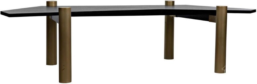 The appearance of Tabu Coffee Table In Brass Finished Legs With Ebony Walnut Top designed by Noir in the transitional interior design. This walnut piece of furniture  was selected by 1StopBedrooms from  to add a touch of cosiness and style into your home. Sku: GTAB1095MBEB. Material: Steel. Product Type: Coffee Table. Image1