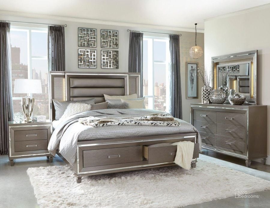 The appearance of Tamsin Silver Gray Metallic Storage Platform Bedroom Set designed by Homelegance in the transitional interior design. This silver piece of furniture  was selected by 1StopBedrooms from Tamsin Collection to add a touch of cosiness and style into your home. Sku: 1616-1;1616-4. Bed Type: Platform Bed. Material: Wood. Product Type: Platform Bed. Bed Size: Queen. Image1