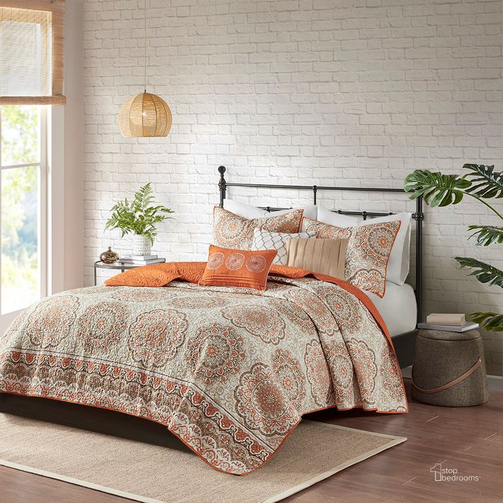 The appearance of Tangiers Polyester Microfiber Printed Quilt 6Pcs Queen Coverlet Set In Orange designed by Olliix in the modern / contemporary interior design. This orange piece of furniture  was selected by 1StopBedrooms from Tangiers Collection to add a touch of cosiness and style into your home. Sku: MP13-1523. Material: Polyester. Bed Size: Queen. Product Type: Coverlet Set. Image1