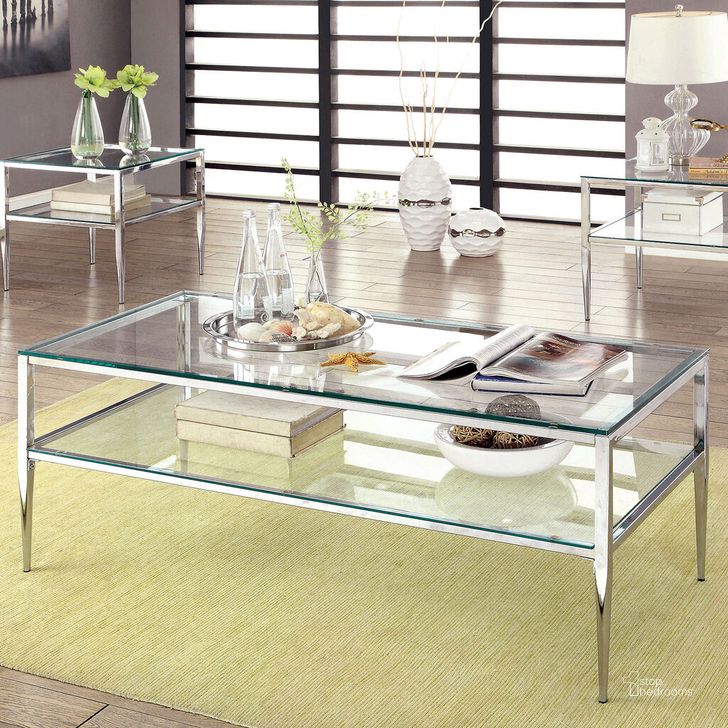 The appearance of Tanika Coffee Table In Chrome designed by Furniture of America in the modern / contemporary interior design. This chrome piece of furniture  was selected by 1StopBedrooms from Tanika Collection to add a touch of cosiness and style into your home. Sku: CM4162CRM-C-1;CM4162CRM-C-2. Material: Metal. Product Type: Coffee Table. Image1