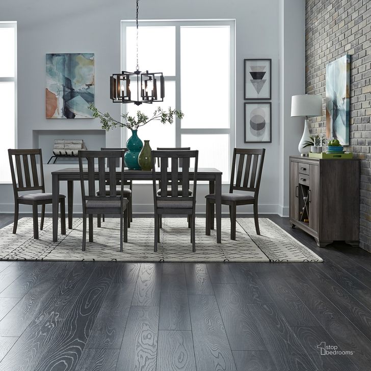 The appearance of Tanners Creek Greystone Rectangular Dining Room Set designed by Liberty in the transitional interior design. This gray piece of furniture  was selected by 1StopBedrooms from Tanners Creek Collection to add a touch of cosiness and style into your home. Sku: 686-T3672;686-C1501S. Table Base Style: Legs. Material: Wood. Product Type: Dining Room Set. Table Top Shape: Rectangular. Image1