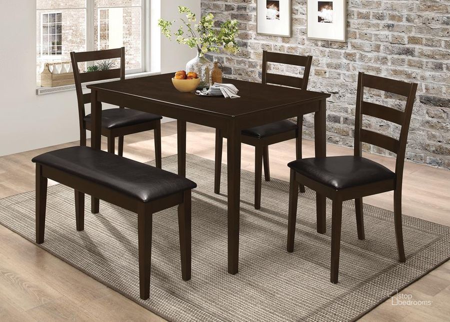 The appearance of Taraval Dark Brown 5 Pcs Counter Height Dining Set designed by Coaster in the transitional interior design. This brown piece of furniture  was selected by 1StopBedrooms from Taraval Collection to add a touch of cosiness and style into your home. Sku: 150232. Product Type: Casual Dining Set. Table Top Shape: Rectangular. Material: Casual. Image1