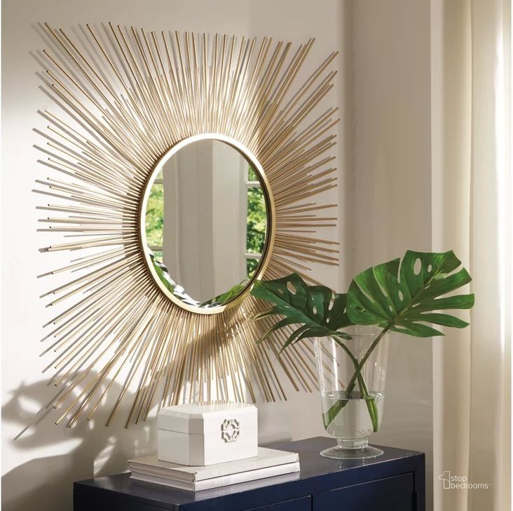 The appearance of Tarbes Gold Accent Mirror designed by Luxury Loft in the modern / contemporary interior design. This gold piece of furniture  was selected by 1StopBedrooms from Tarbes Collection to add a touch of cosiness and style into your home. Sku: A8010124. Material: Glass. Product Type: Accent Mirror. Image1