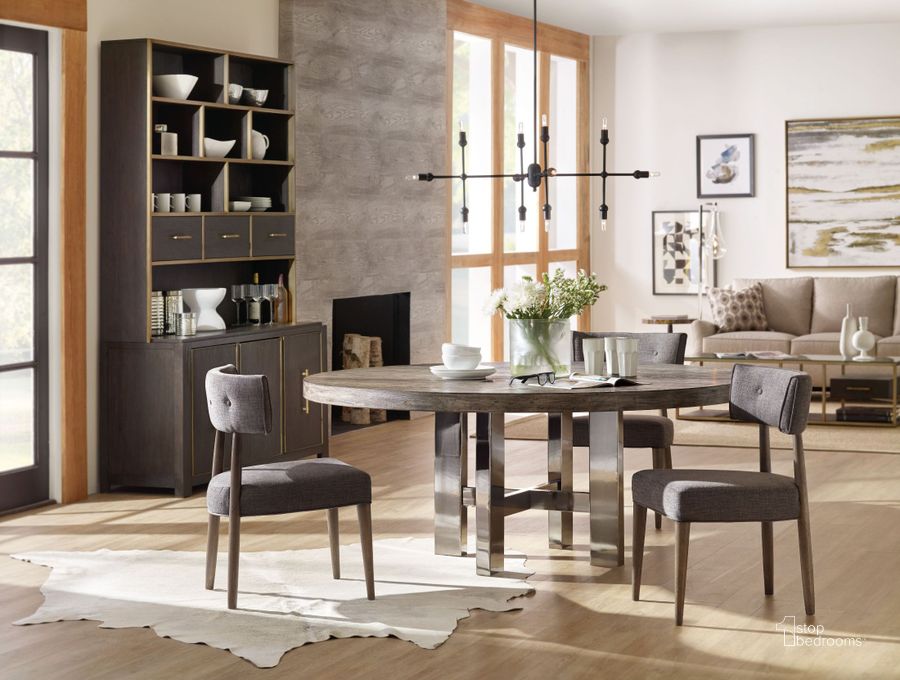 The appearance of Curata Mountain Modern 72" Round Dining Room Set designed by Hooker in the modern / contemporary interior design. This brown piece of furniture  was selected by 1StopBedrooms from Curata Collection to add a touch of cosiness and style into your home. Sku: 1600-75001-MWD;1600-75003-MWD;1600-75510-MWD. Table Base Style: Trestle. Table Top Shape: Round. Material: Wood. Product Type: Dining Room Set. Image1