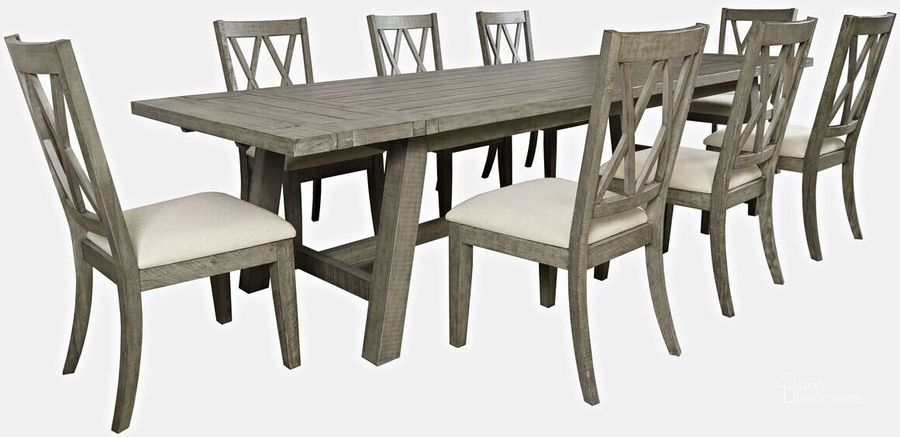 The appearance of Telluride Nine Piece Rustic Distressed Pine 127 Inch Extendable Dining Set In Grey designed by Jofran in the country / farmhouse interior design. This grey piece of furniture  was selected by 1StopBedrooms from Telluride Collection to add a touch of cosiness and style into your home. Sku: 2231-42D-9X. Product Type: Dining Room Set. Material: Plywood. Image1