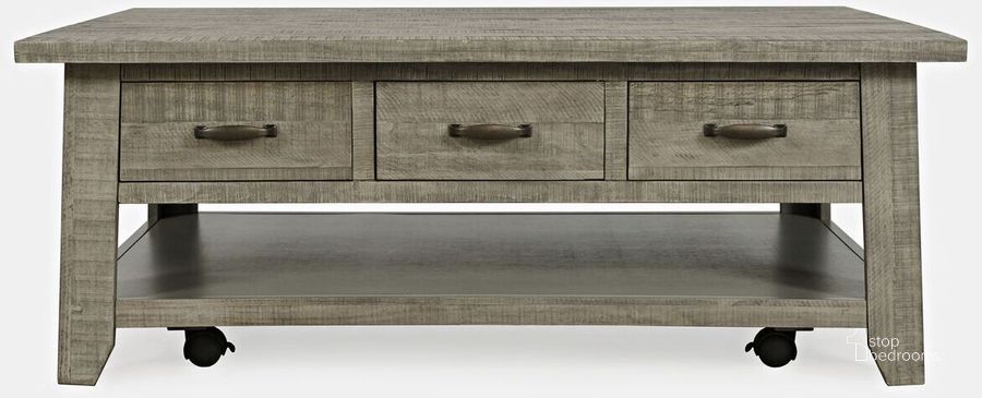 The appearance of Telluride Rustic Distressed Acacia 50 Inch Coffee Table With Caster Wheels and Pull-Through Drawers In Grey designed by Jofran in the country / farmhouse interior design. This grey piece of furniture  was selected by 1StopBedrooms from Telluride Collection to add a touch of cosiness and style into your home. Sku: 2230-11. Product Type: Coffee Table. Material: Wood Veneer. Image1