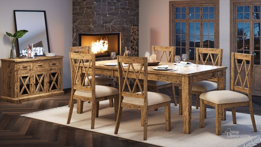 The appearance of Telluride Rustic Distressed Pine 78 Inch Seven-Piece Dining Set In Gold designed by Jofran in the country / farmhouse interior design. This gold piece of furniture  was selected by 1StopBedrooms from Telluride Collection to add a touch of cosiness and style into your home. Sku: 1801-78D-7. Product Type: Dining Room Set. Material: Wood Veneer. Image1