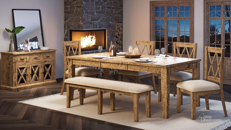 The appearance of Telluride Rustic Distressed Pine 78 Inch Six-Piece Dining Set With Bench In Gold designed by Jofran in the country / farmhouse interior design. This gold piece of furniture  was selected by 1StopBedrooms from Telluride Collection to add a touch of cosiness and style into your home. Sku: 1801-78D-6. Product Type: Dining Room Set. Material: Wood Veneer. Image1
