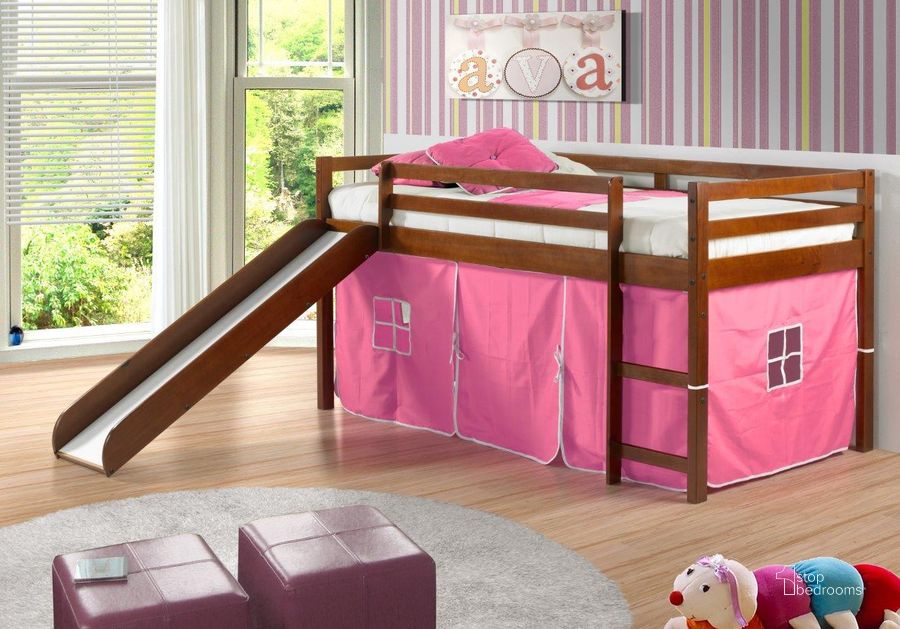 The appearance of Tent Bed Espresso W-Pink Tent Kit designed by DONCO kids in the modern / contemporary interior design. This light espresso piece of furniture  was selected by 1StopBedrooms from  to add a touch of cosiness and style into your home. Sku: 750-TE_750C-TP. Material: Wood. Product Type: Loft Bed. Bed Size: Twin. Bed Type: Loft Bed. Image1