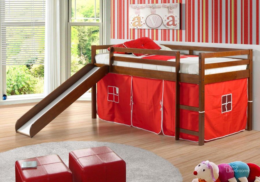 The appearance of Tent Bed Espresso W-Red Tent Kit designed by DONCO kids in the modern / contemporary interior design. This light espresso piece of furniture  was selected by 1StopBedrooms from  to add a touch of cosiness and style into your home. Sku: 750-TE_750C-TR. Material: Wood. Product Type: Loft Bed. Bed Size: Twin. Bed Type: Loft Bed. Image1