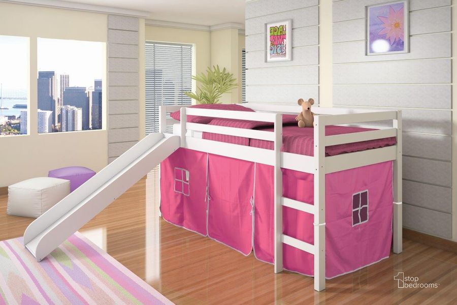 The appearance of Tent Bed White W-Pink Tent Kit designed by DONCO kids in the modern / contemporary interior design. This white piece of furniture  was selected by 1StopBedrooms from  to add a touch of cosiness and style into your home. Sku: 750-TW_750C-TP. Material: Wood. Product Type: Loft Bed. Bed Size: Twin. Bed Type: Loft Bed. Image1
