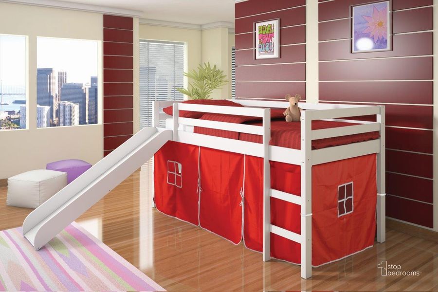 The appearance of Tent Bed White W-Red Tent Kit designed by DONCO kids in the modern / contemporary interior design. This white piece of furniture  was selected by 1StopBedrooms from  to add a touch of cosiness and style into your home. Sku: 750-TW_750C-TR. Material: Wood. Product Type: Loft Bed. Bed Size: Twin. Bed Type: Loft Bed. Image1