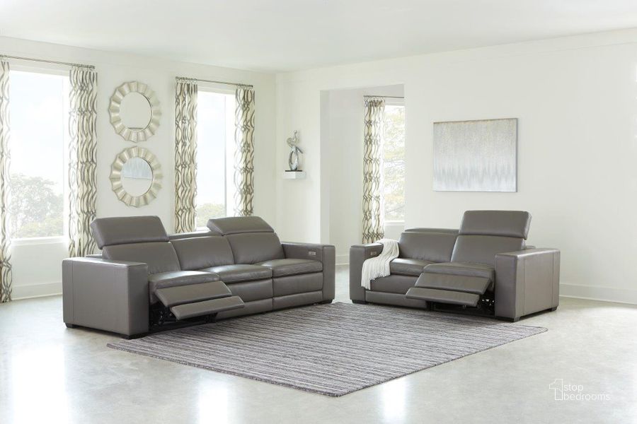 The appearance of Texline Power Reclining Living Room Set With Power Headrest In Gray designed by Signature Design by Ashley in the modern / contemporary interior design. This gray piece of furniture  was selected by 1StopBedrooms from Texline Collection to add a touch of cosiness and style into your home. Sku: U5960321;U5960322;U5960346;U5960323;U5960321;U5960322;U5960323. Product Type: Living Room Set. Material: Leather Match. Image1