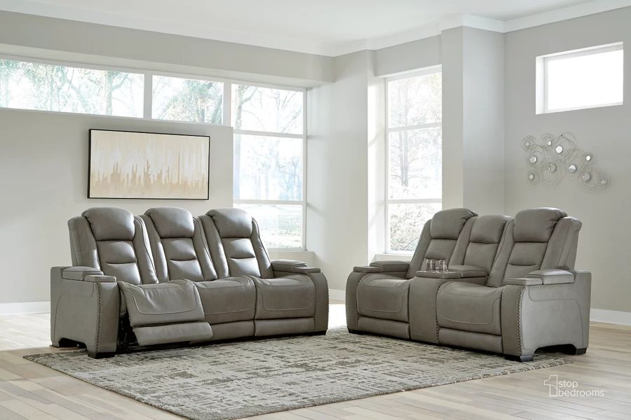 The appearance of The Man-Den Leather Power Reclining Living Room Set With Adjustable Headrest In Gray designed by Signature Design by Ashley in the modern / contemporary interior design. This gray piece of furniture  was selected by 1StopBedrooms from The Man-Den Collection to add a touch of cosiness and style into your home. Sku: U8530515;U8530518. Product Type: Living Room Set. Material: Leather Match. Image1